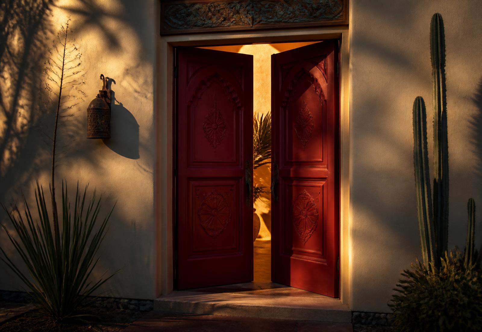 A row of weathered red doors
